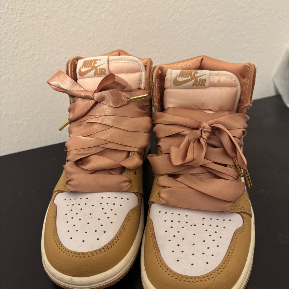 Nike Women's High-Top Sneakers in Tan and Blush Satin